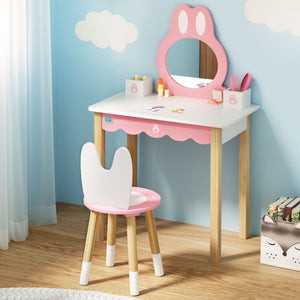 Keezi Kids Dressing Makeup Vanity Table Wooden Bunny Pink