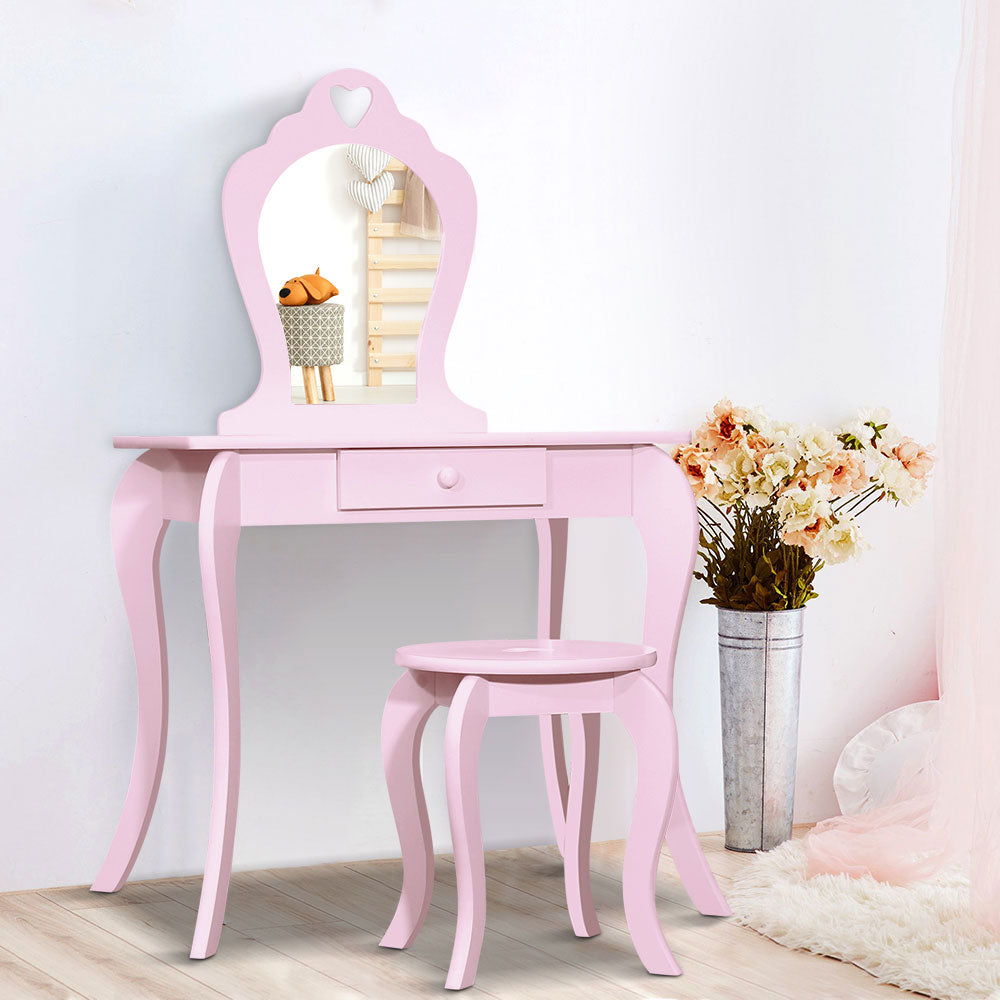 Keezi Kids Dressing Makeup Vanity Table Wooden Mirror Princess Pink