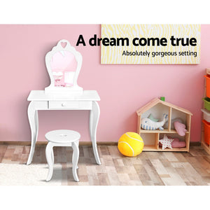 Keezi Kids Dressing Makeup Vanity Table Wooden Mirror Princess White