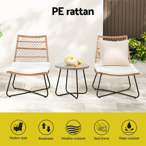 Gardeon 3PC Outdoor Bistro Wicker Setting Brown