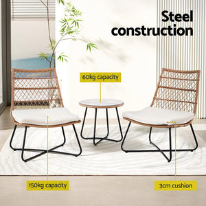 Gardeon 3PC Outdoor Bistro Wicker Setting Brown