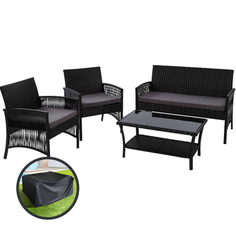 Gardeon Outdoor Wicker Sofa Set 4PCS with Storage Cover Black