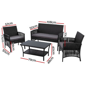 Gardeon Outdoor Wicker Sofa Set 4PCS with Storage Cover Black
