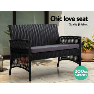 Gardeon Outdoor Wicker Sofa Set 4PCS with Storage Cover Black