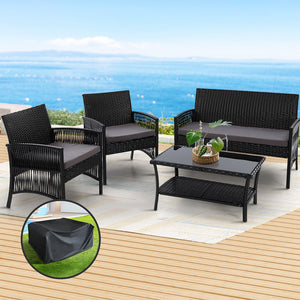 Gardeon Outdoor Wicker Sofa Set 4PCS with Storage Cover Black