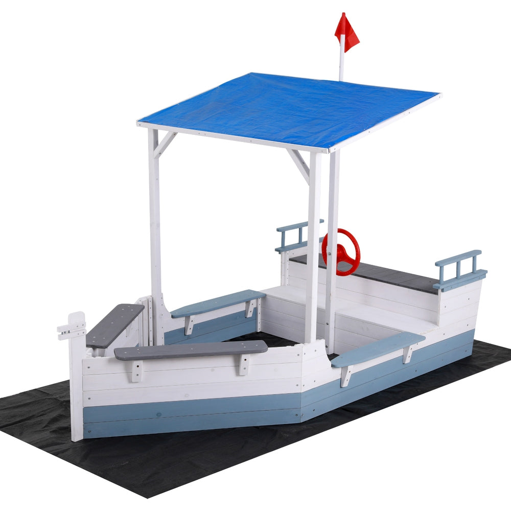 Keezi Kids Sandpit White Wooden Boat With Blue Canopy
