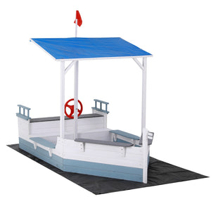 Keezi Kids Sandpit White Wooden Boat With Blue Canopy