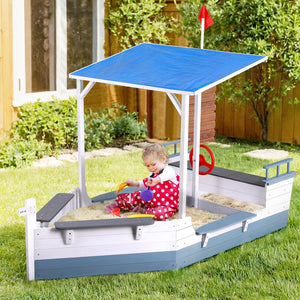 Keezi Kids Sandpit White Wooden Boat With Blue Canopy