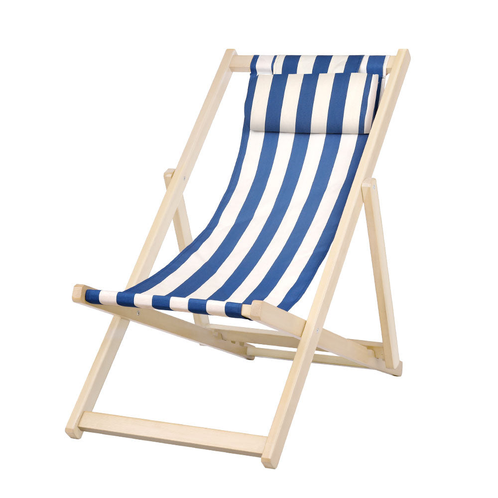 Gardeon Outdoor Folding Deck Chair Wooden Blue & White Stripe