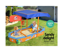 Load image into Gallery viewer, Keezi Kids Sandpit Wooden Boat Sand Pit with Canopy Bench Seat
